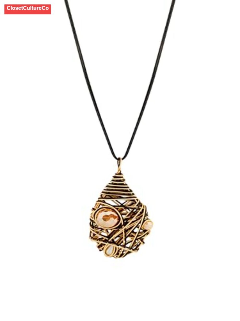 Gold-tone Wire Wrapped Resin Pendant Necklace Adjustable Faux Leather Boho